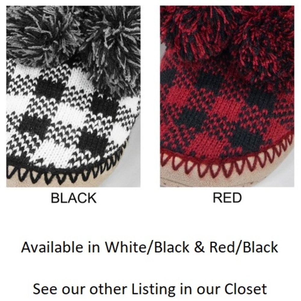 Black &  White Buffalo Check Plaid Fuzzy Ankle Pom Pom Indoor Slipper size 8-10 - Picture 4 of 4